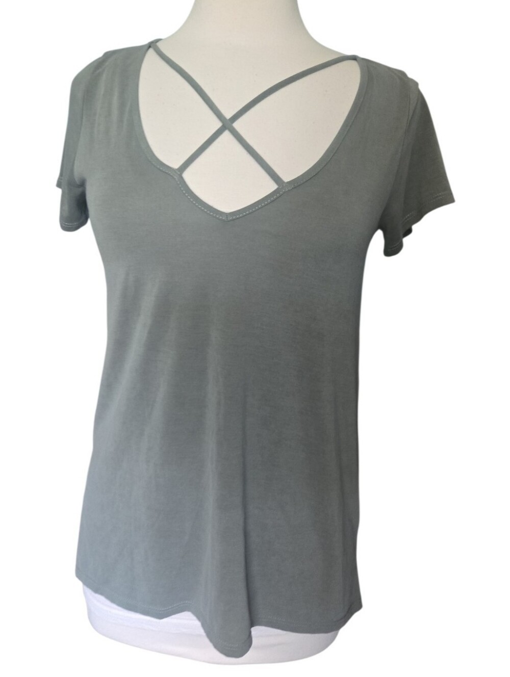 Moa Moa Green Crisscross Neck Short Sleeve Tee - S